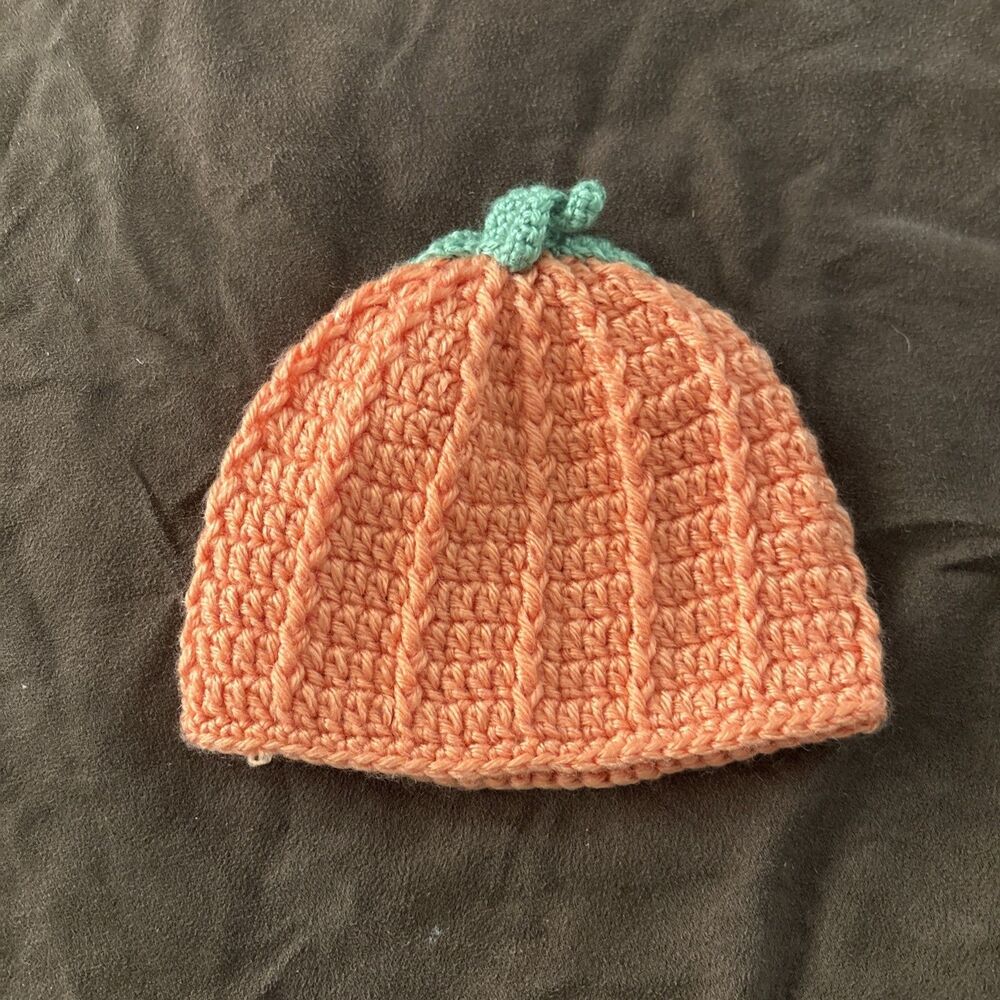 Crochet Baby Pumpkin Beanie Orange With Green 0-6 Months